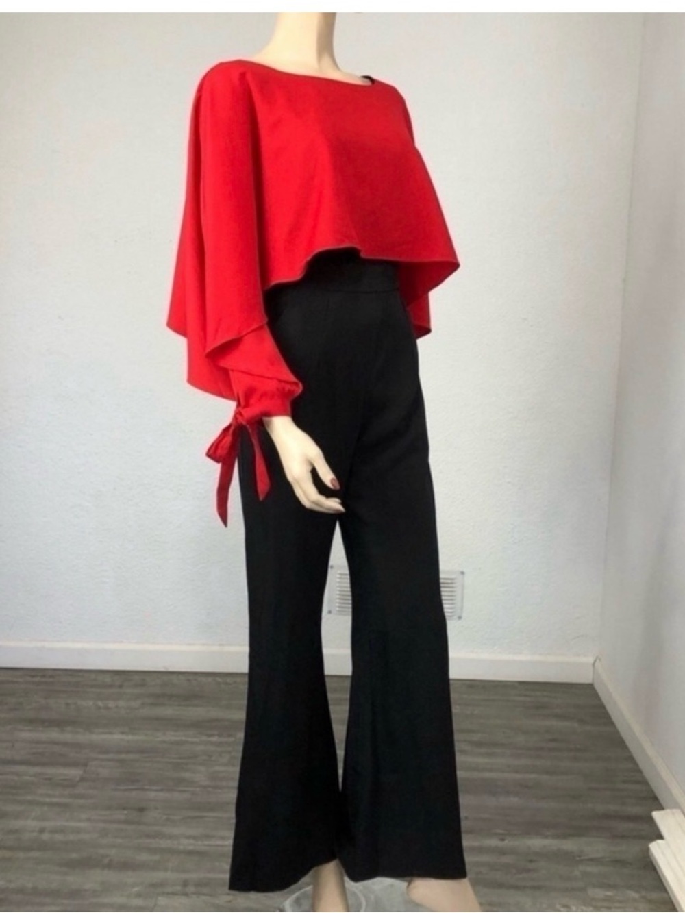 L'ATISTE Red Cape-Sleeve Top with Black Boot-Cut Jumpsuit
